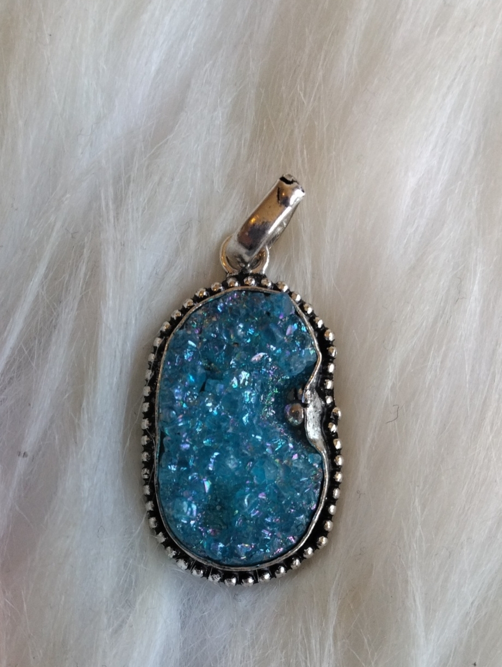 Blue Druzy Silver Plated Gemstone Necklace Pendant